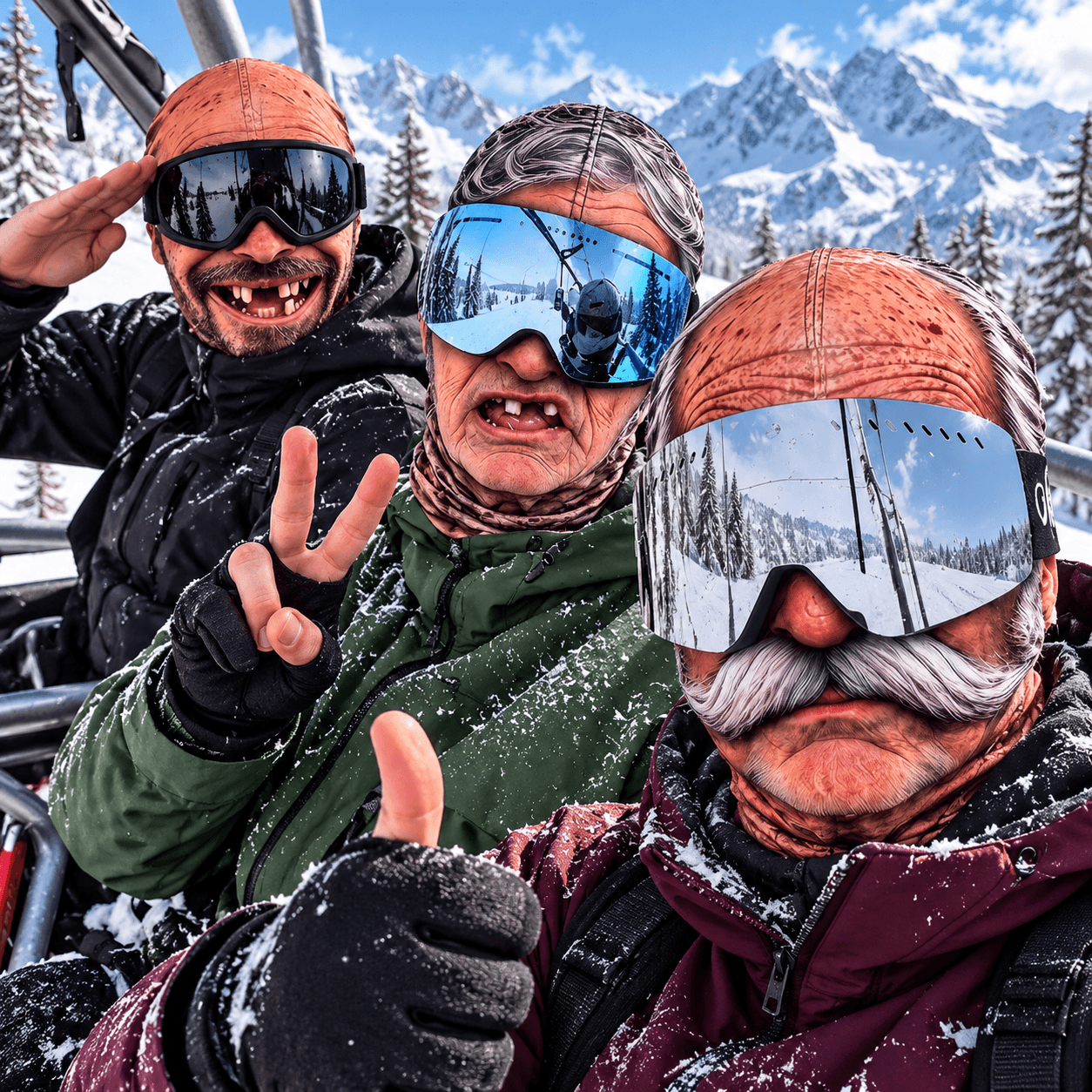 Three skiers on a chairlift wearing Silly Mask Club ski hoods with silly old-man faces: gap-toothed grins and a big white mustache.